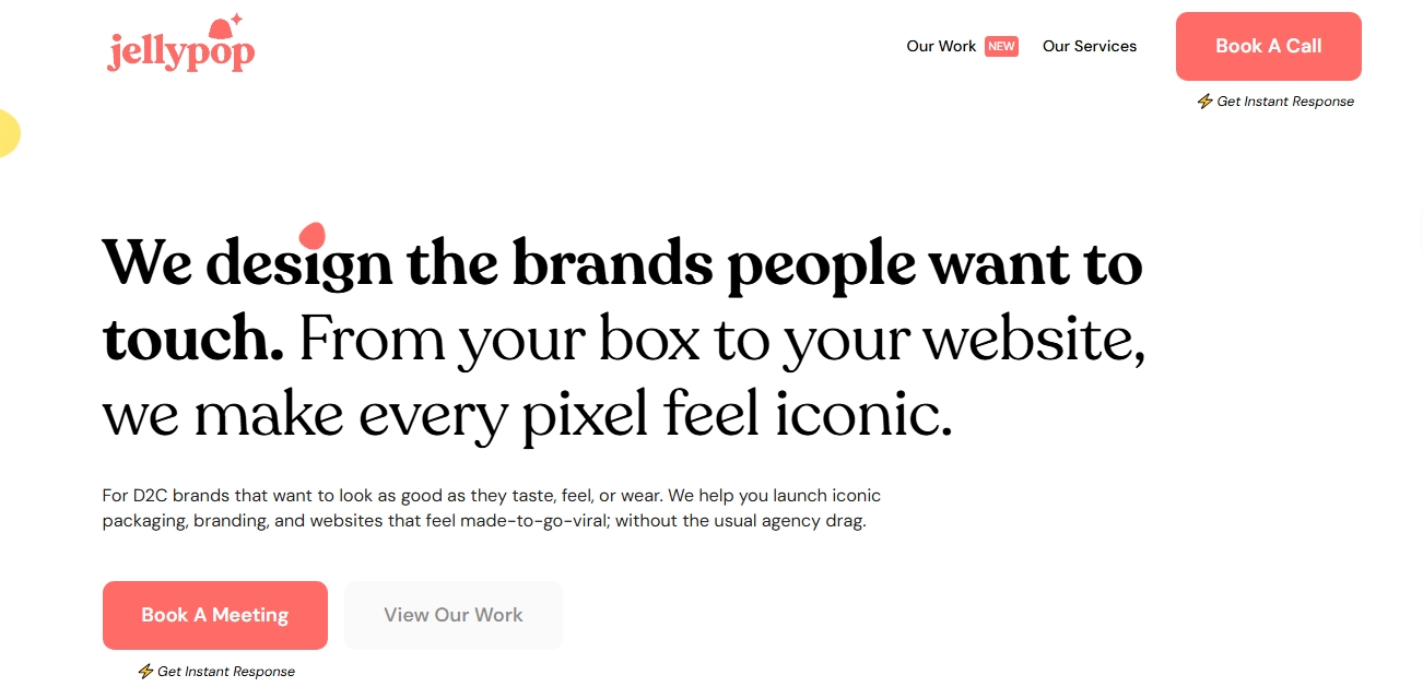 The official website header for Jellypop creative agency featuring playful typography and bright coral action buttons. The text describes their focus on creating iconic websites and D2C packaging design styles.