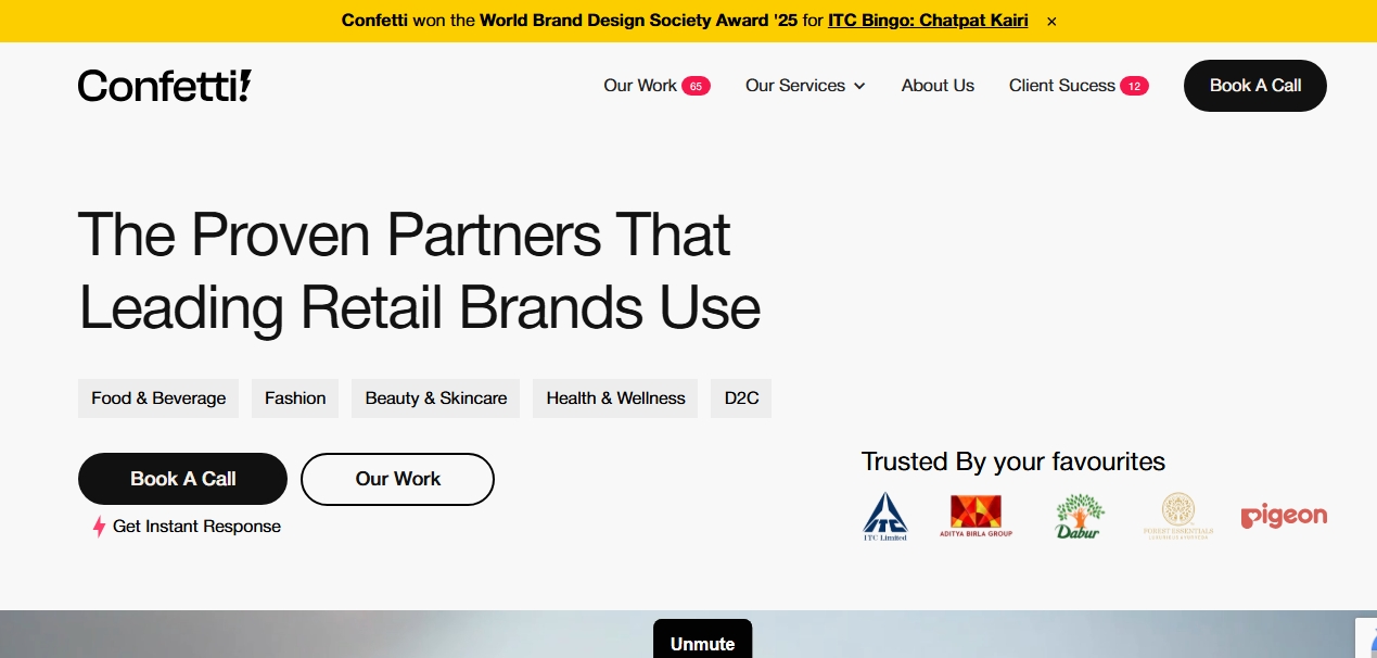 The main landing page for Confetti Design Studio showcasing their award winning retail design work. It displays trust badges from major corporate partners to emphasize their leadership in FMCG packaging design India.
