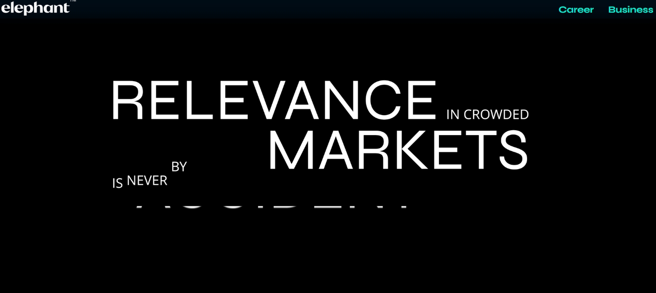 A minimalist black background from Elephant Design with large white stylized text focusing on market relevance. The graphic emphasizes the careful strategy required behind a successful packaging redesign cost.