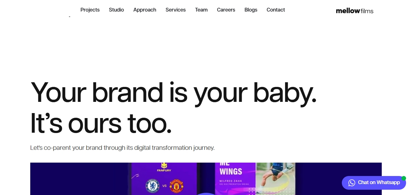 The homepage banner for Mellow Films featuring minimalist typography that focuses on brand parenting. It highlights their digital transformation and creative production services for best packaging styles for D2C brands.