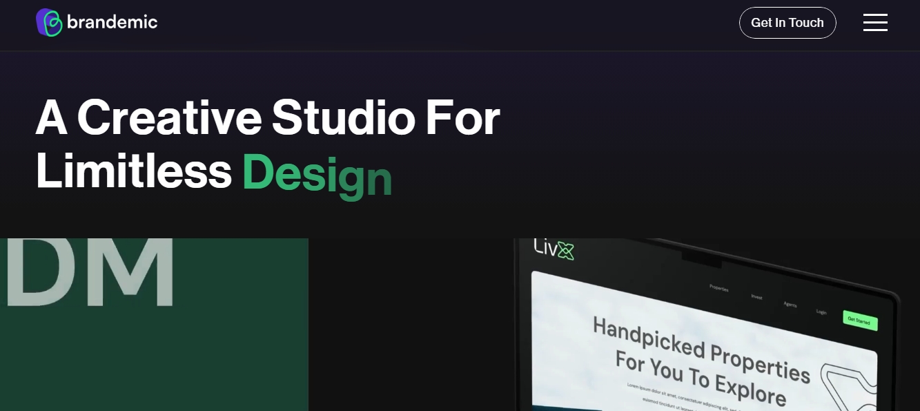 The top banner for Brandemic creative studio featuring bold white text on a dark background. It highlights custom website layouts and modern product packaging styles India brands use to grow online.