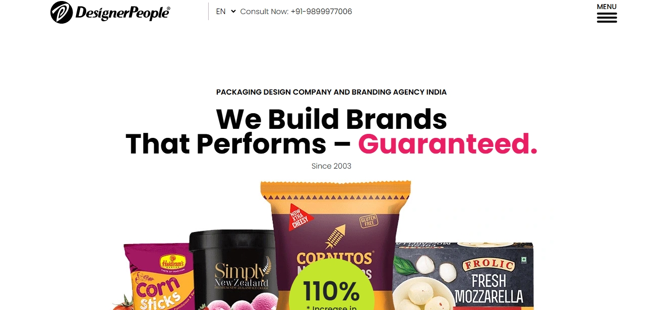 The homepage of DesignerPeople showing diverse FMCG packaging design India products. It displays colorful boxes and bags for popular snack and dairy brands below the main headline.