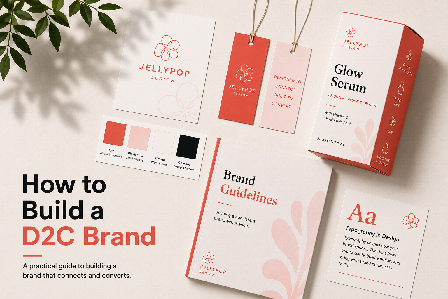 A branding mockup kit displaying a custom serum box, color swatches, and a brand guidelines booklet. It showcases a cohesive corporate identity system featuring clean layouts and modern D2C packaging design styles.
