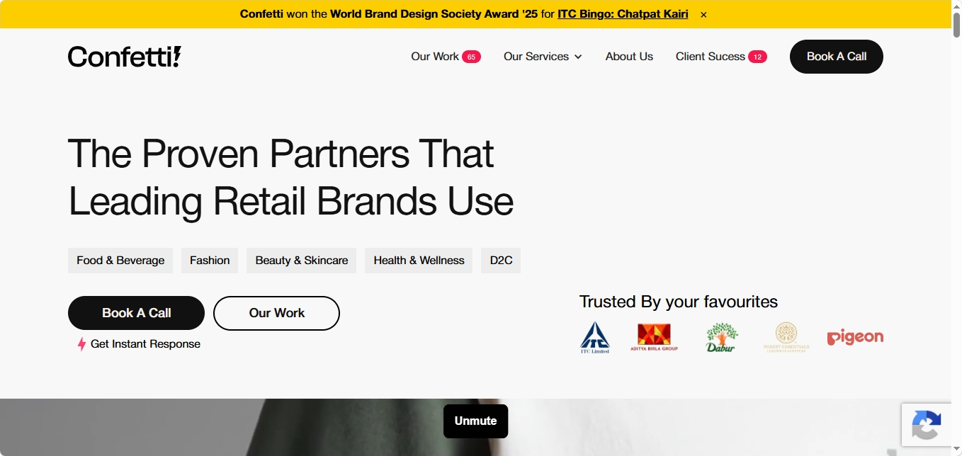 The main landing page for Confetti Design Studio showcasing their award winning retail design work. It displays trust badges from major corporate partners to emphasize their leadership in FMCG packaging design India.
