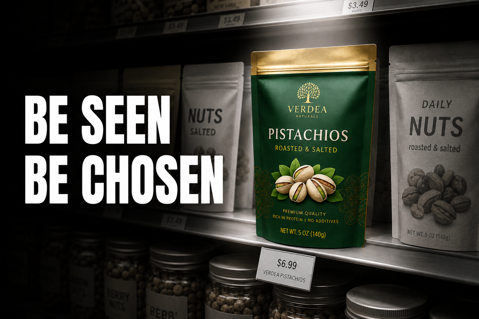 A green stand up pouch for roasted pistachios under a spotlight on a grocery shelf alongside the text be seen be chosen.
