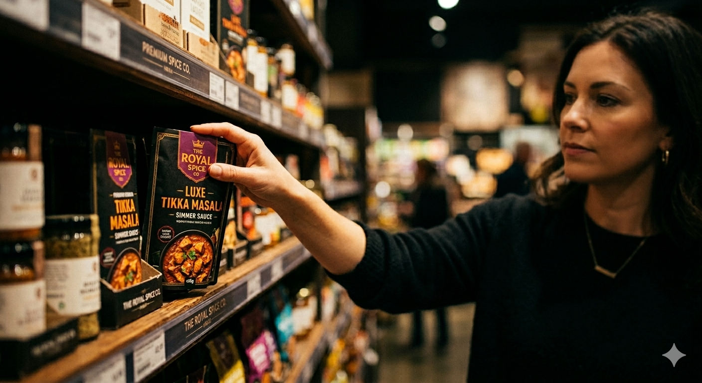 A close up of a shopper reaching for a packet of tikka masala sauce on a supermarket retail shelf to illustrate consumer psychology in packaging design.
