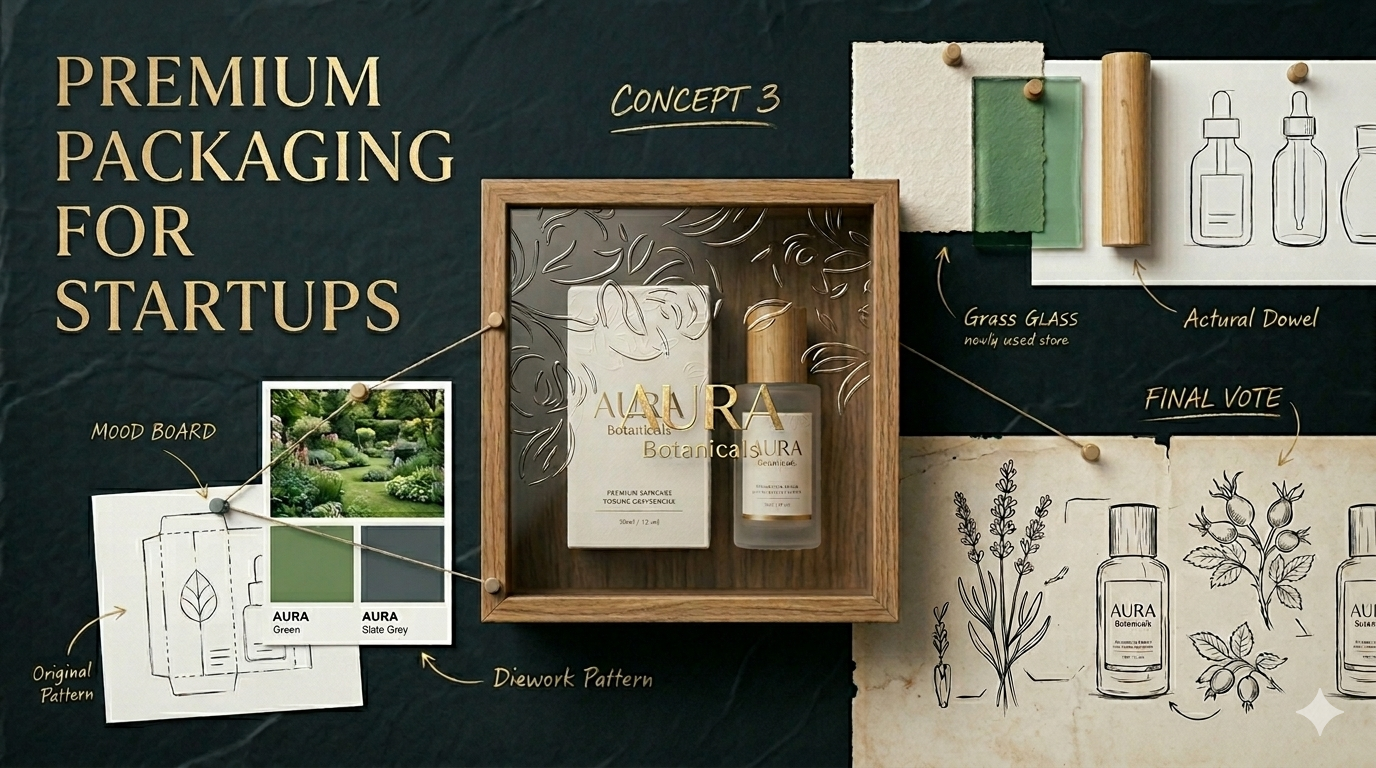 A design layout mood board displaying sketches, botanical illustrations, and patterns used to create premium skincare packaging for startups.