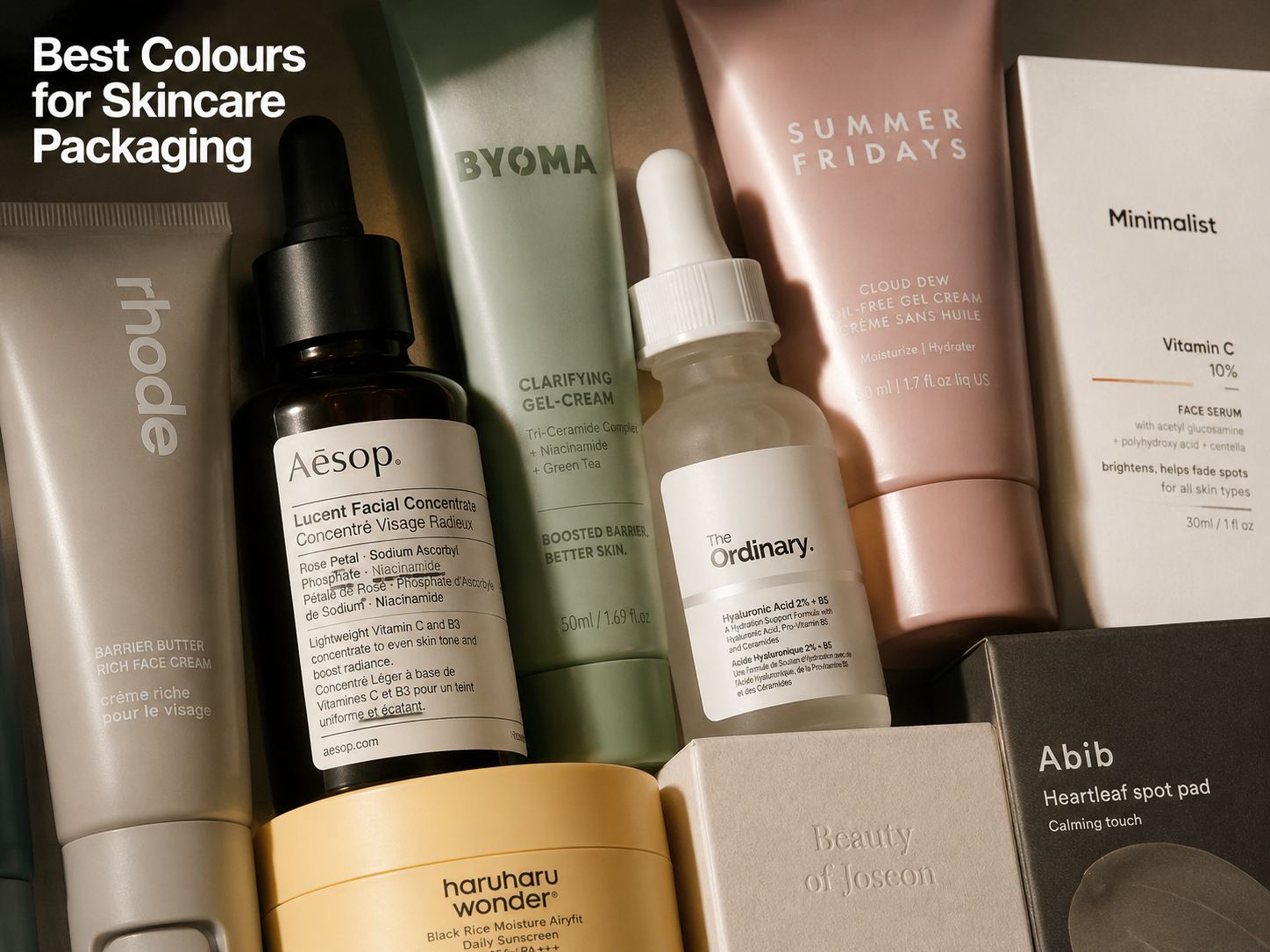 A close up layout of diverse cosmetic items showcasing the best colors for premium skincare packaging.