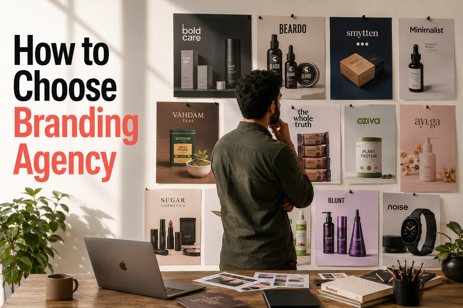 A graphic designer at a desk looking at a wall filled with popular Indian brand design posters to choose a creative agency.