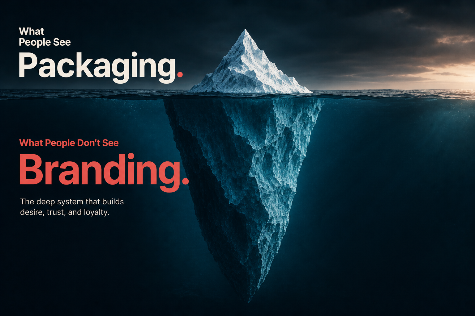 An infographic of an iceberg in the ocean illustrating the difference between visible packaging on the surface and deep brand strategy underneath.