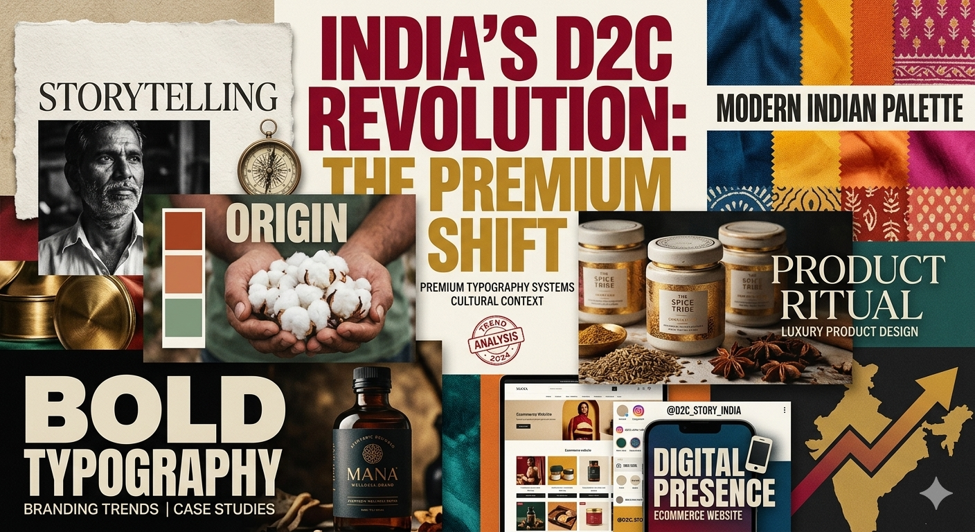 A colorful mood board collage showcasing typography, product packaging, and patterns that represent modern Indian D2C branding trends.