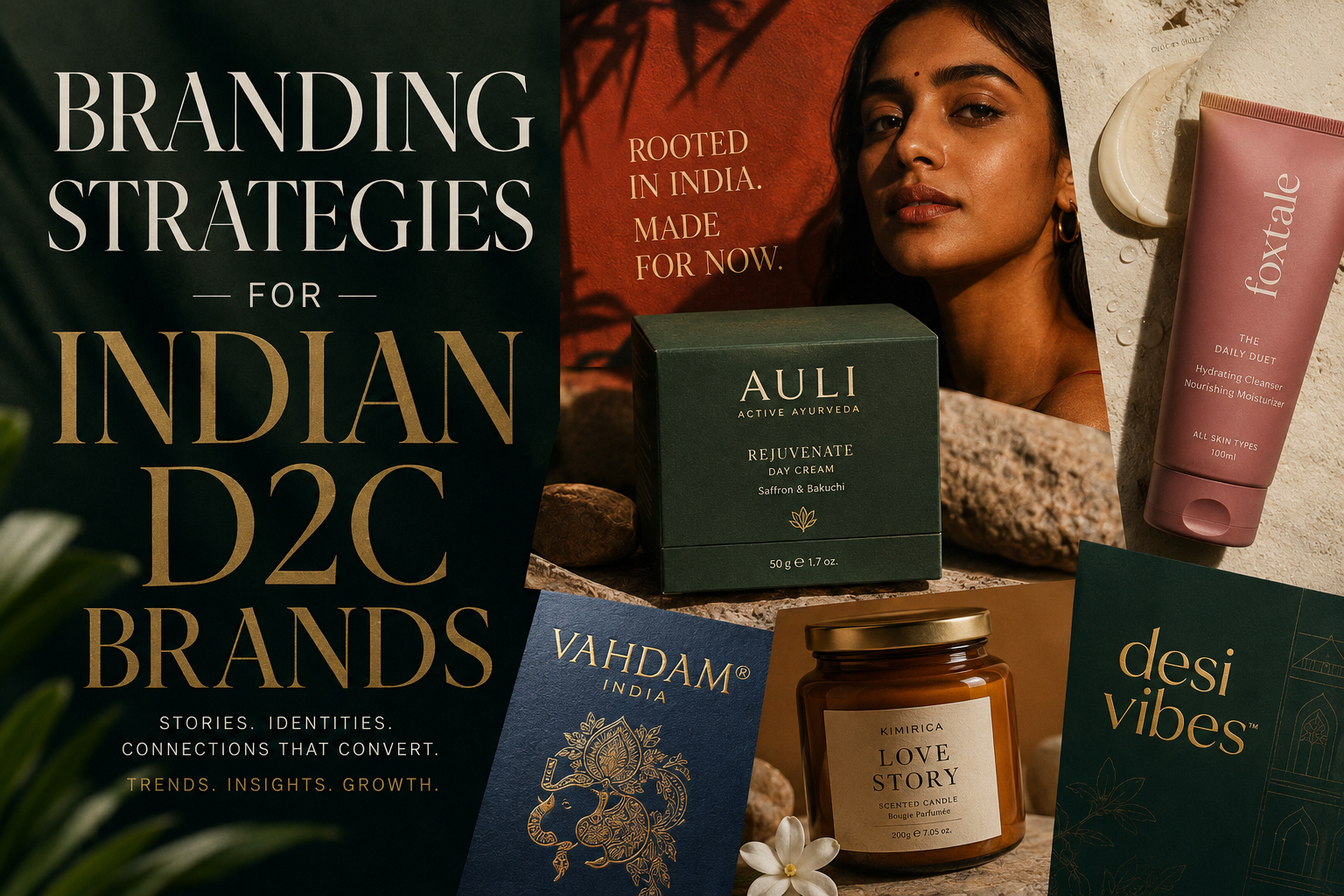 A premium collage highlighting branding strategies for Indian D2C brands, featuring a woman's portrait alongside luxury wellness, tea, and skincare product packaging.