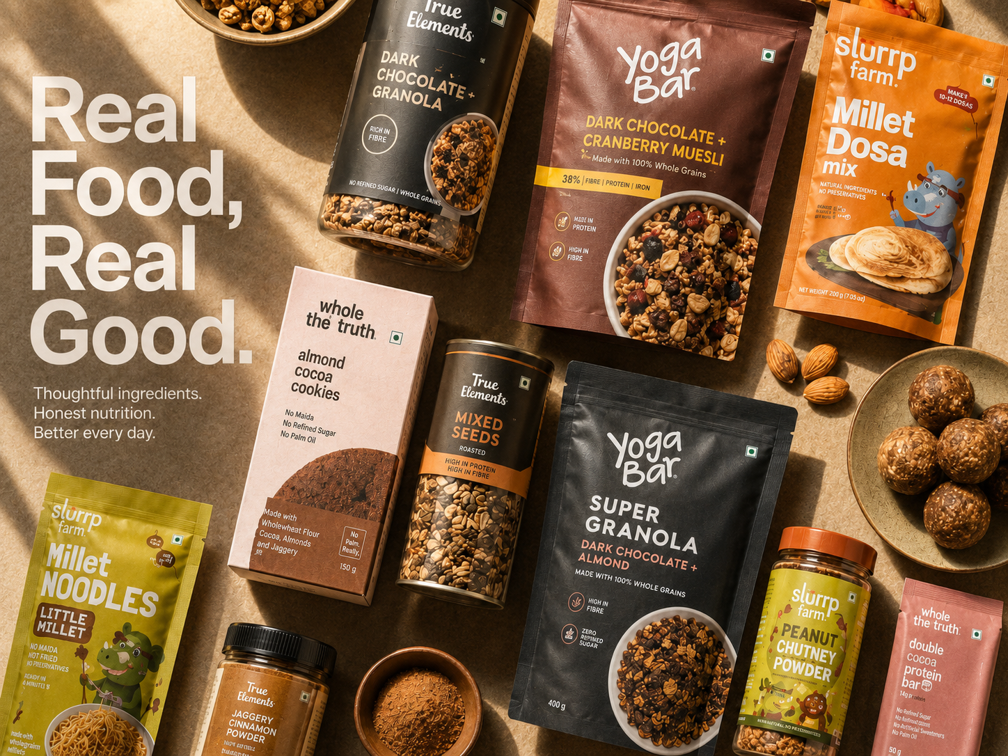 An overhead view of various Indian healthy food brand products displaying their unique package design systems.