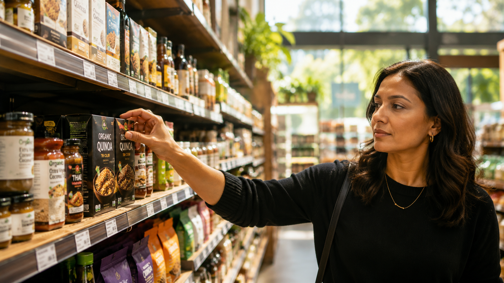 A close up of a shopper reaching for a packet of tikka masala sauce on a supermarket retail shelf to illustrate consumer psychology in packaging design.
