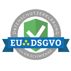 Schild mit Häkchen in einem grünen Schild, umgeben von einem grauen Kreis mit dem Text ‚Datenschutzerklärung von Dr. Schwenke‘ und blauem Banner mit ‚EU DSGVO‘.