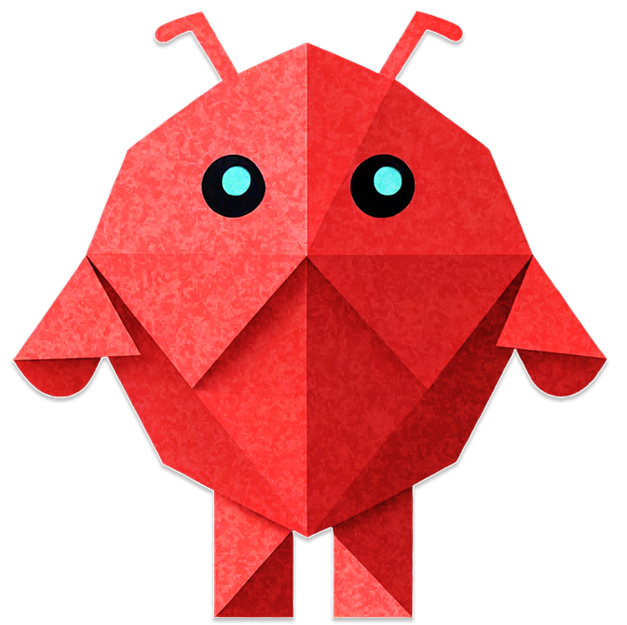 Red origami-style cartoon creature with two blue eyes, antennae, wings, and legs.