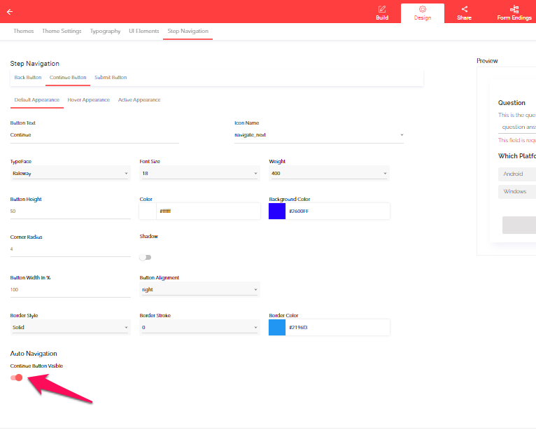 Continue button visible toggle