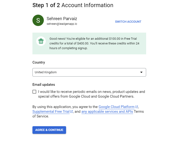 Select your country and agree to the Terms of Service