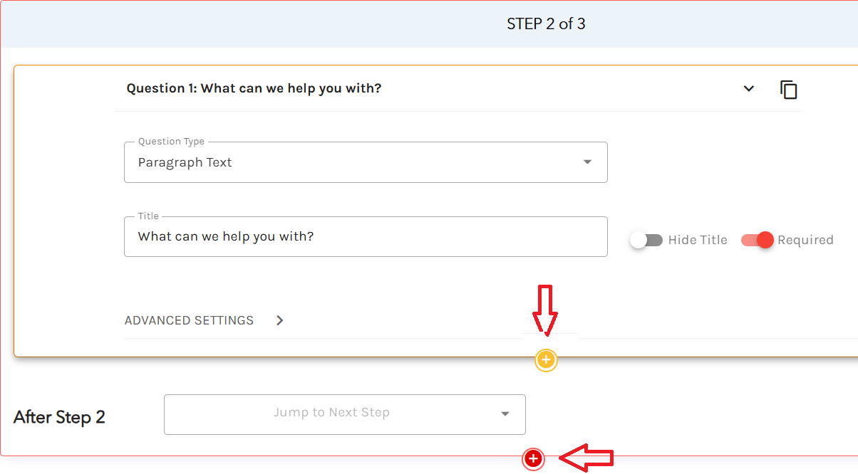  Two “+” icons at the bottom of the page representing questions and steps