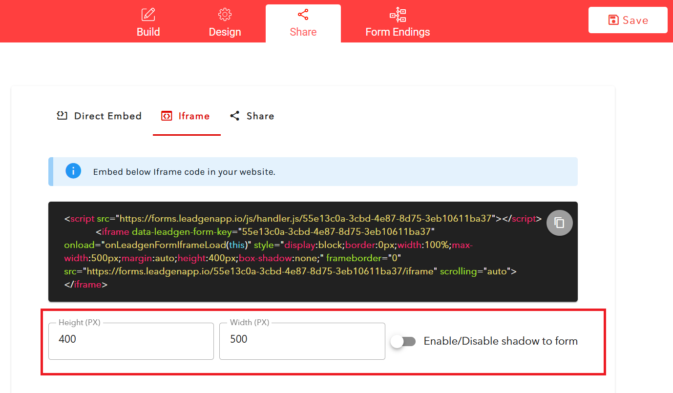 Change the height and width directly inside LeadGen App, right here below the code