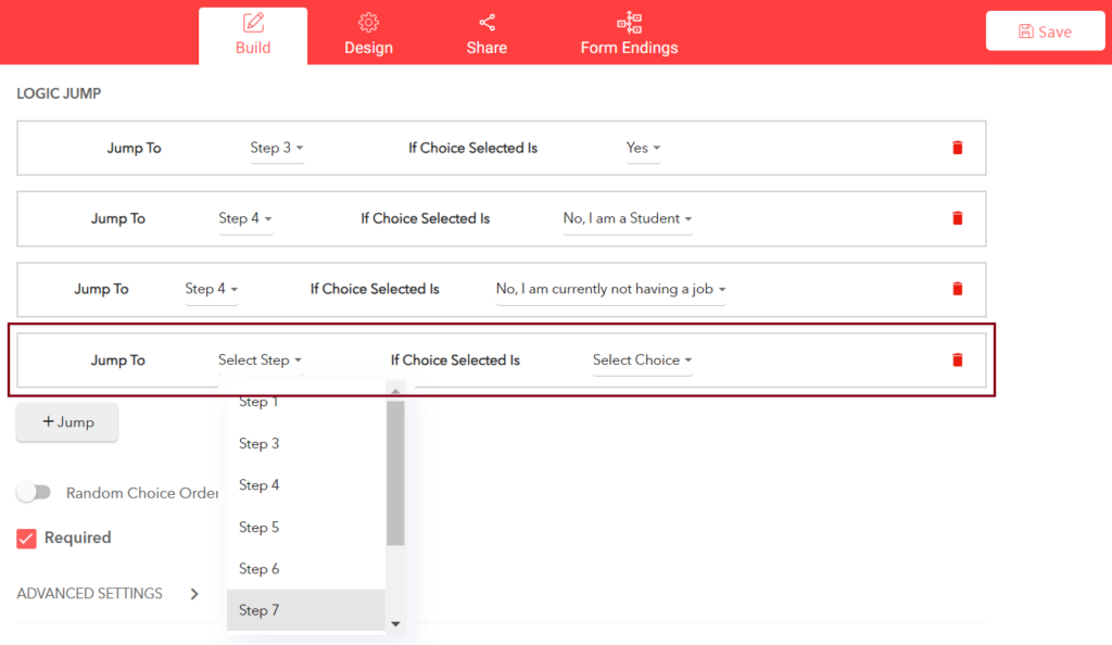In the first dropdown menu, you have to select where the user will jump from the list