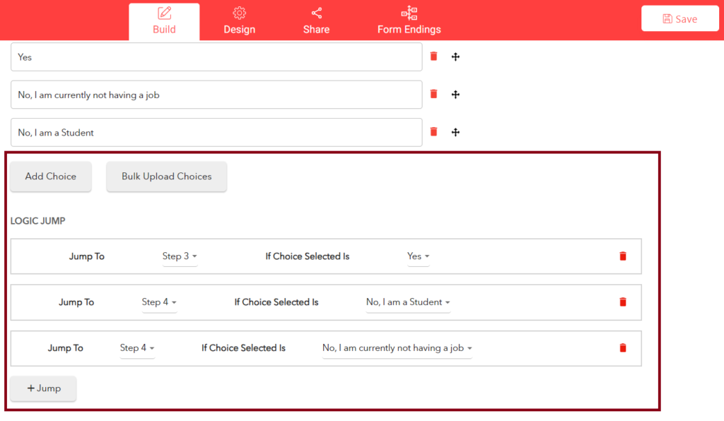 Choices on how to use conditional logic feature