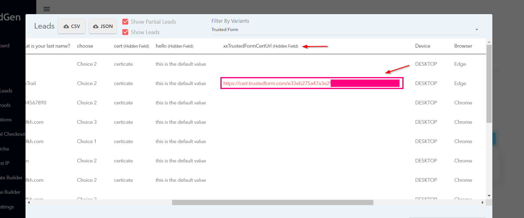 TrustedForm certificate URL