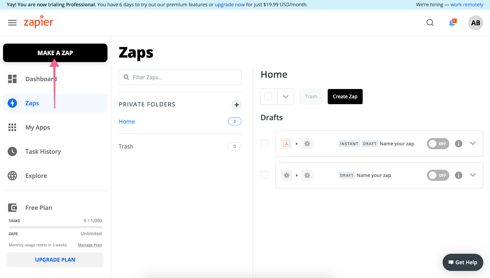 Make a zap in Zapier