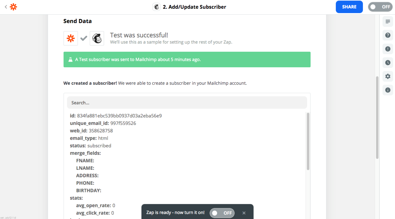 Zapier Test Success message