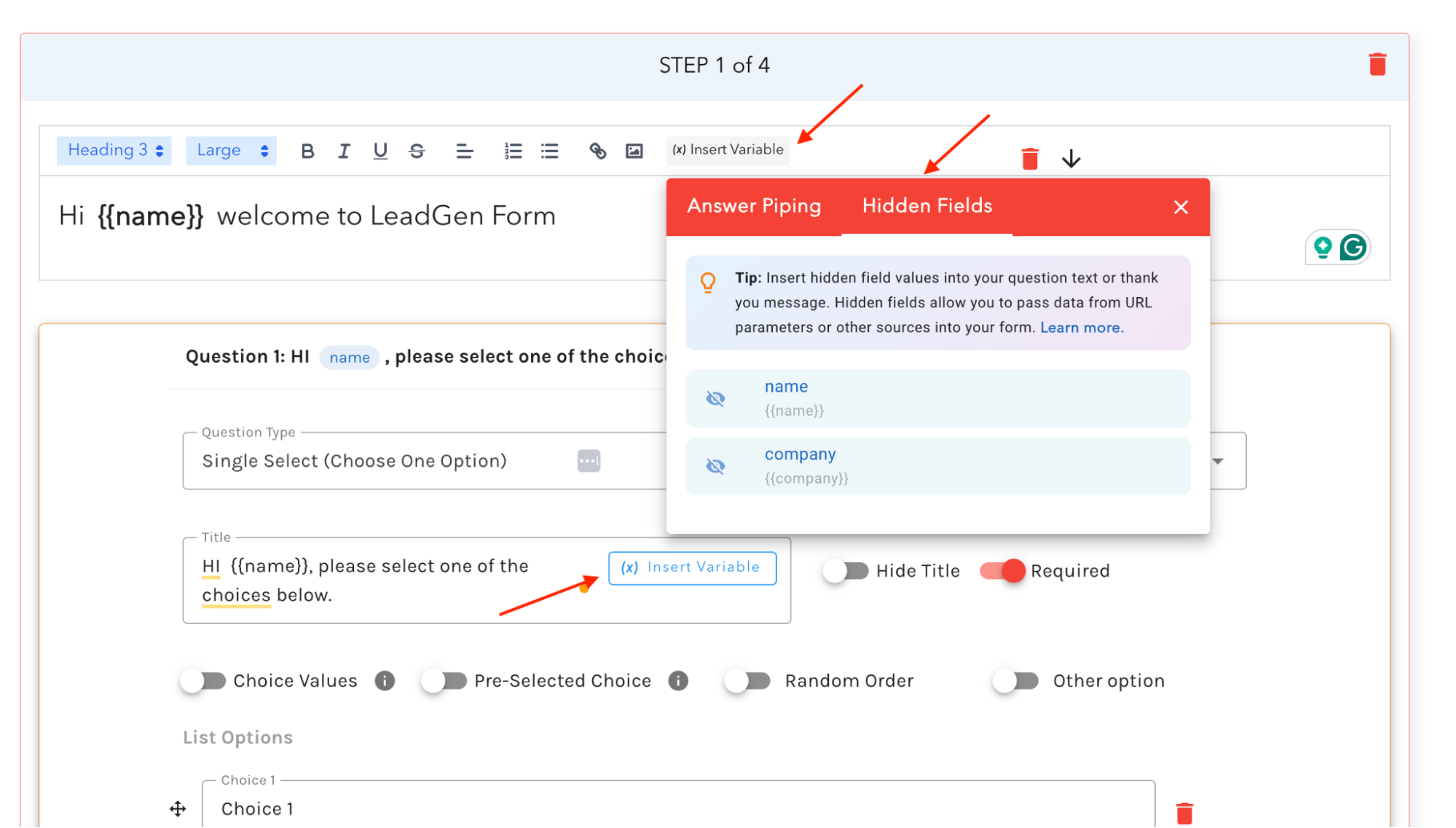 Answer Piping with Hidden Fields