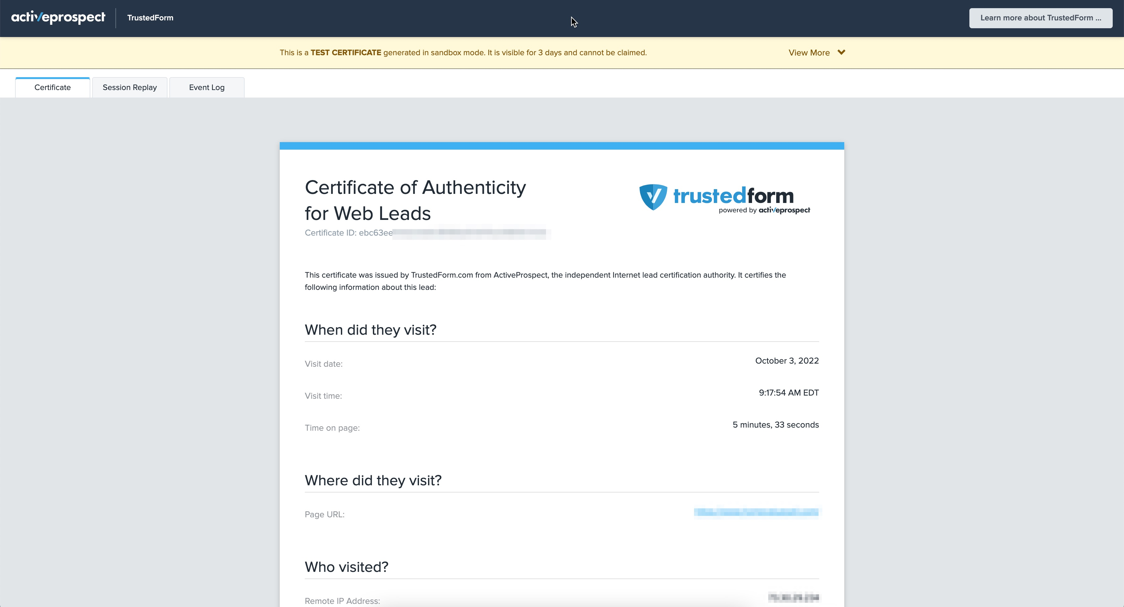 TrustedForm certificate
