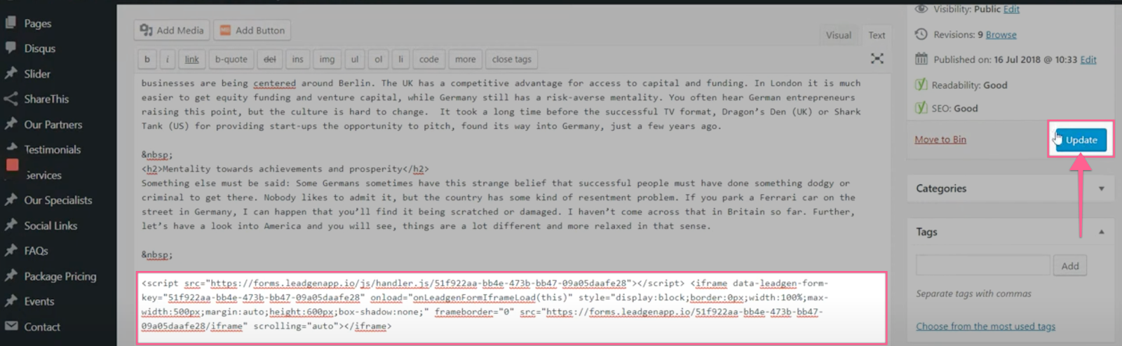 embed the form via “Custom HTML” or “Raw HTML”, not in the text editor