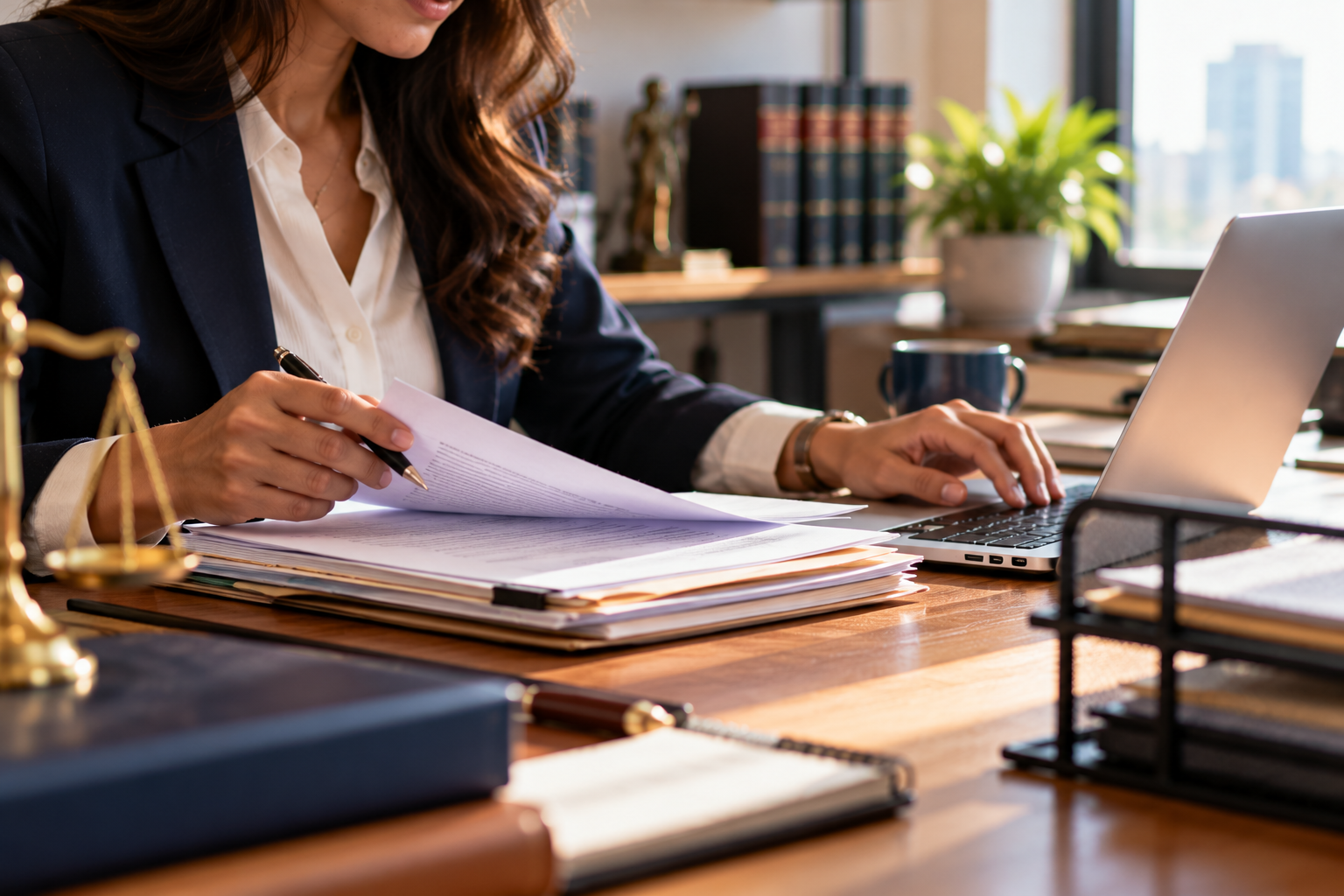 Lawyer organizing client paperwork beside a laptop at an office desk.