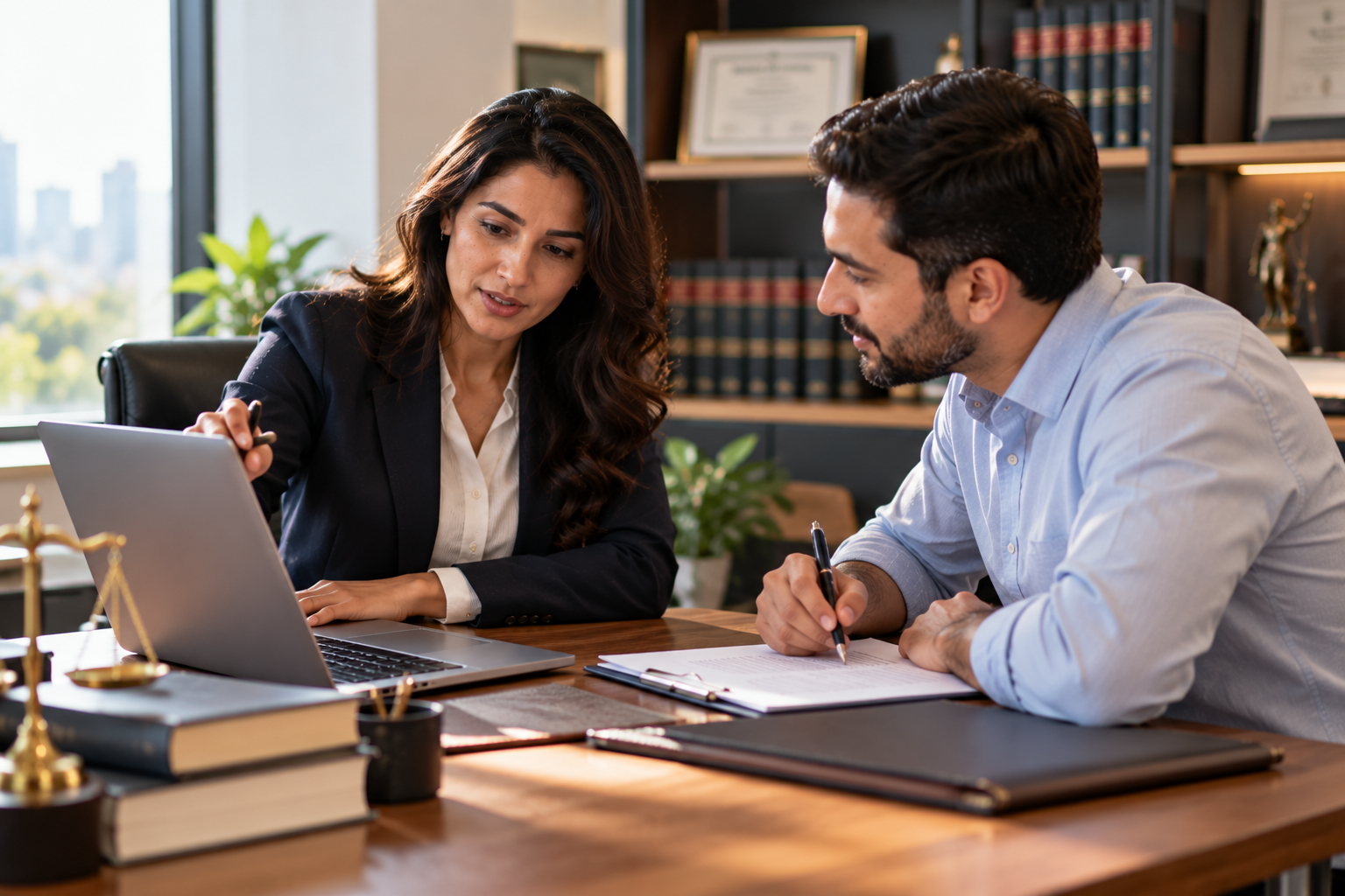 Lawyer explaining an engagement agreement to a client during onboarding.