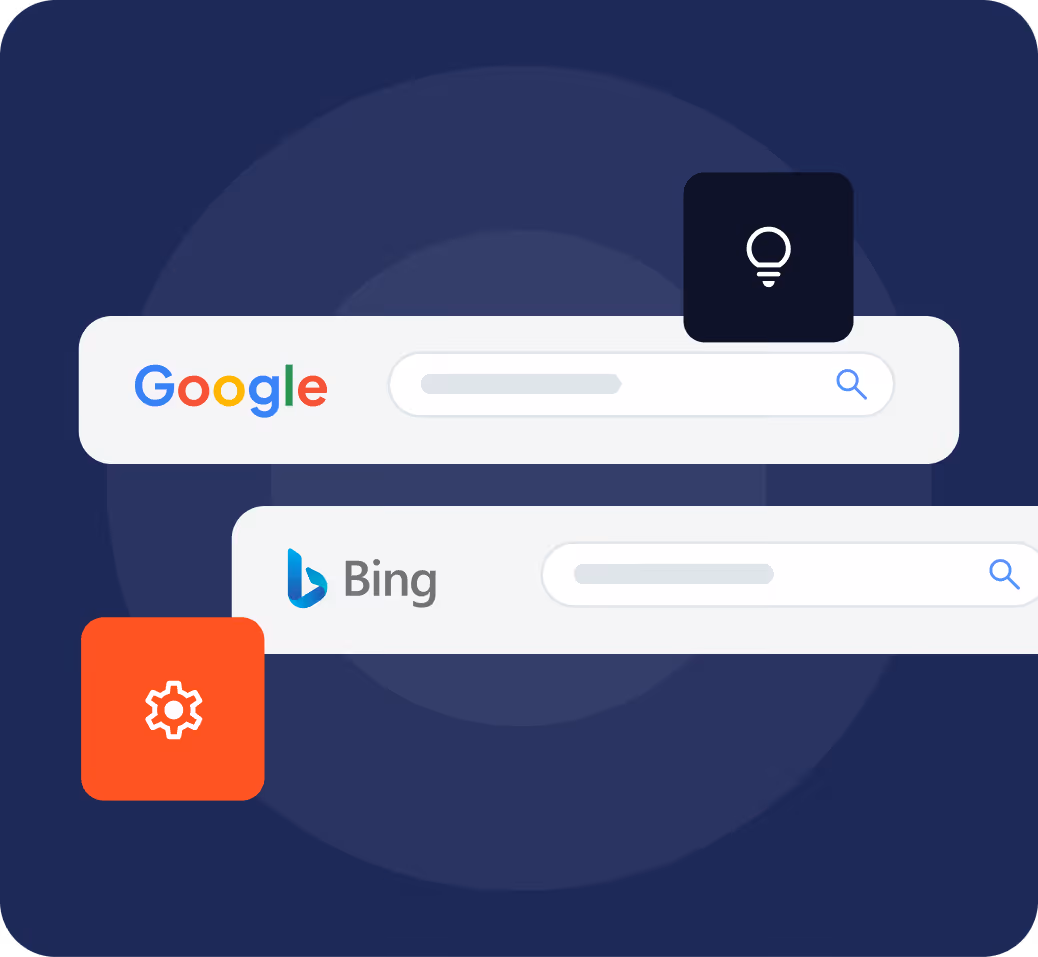 Barres de recherche Google et Bing sur fond bleu avec icônes de paramètres et d'ampoule.