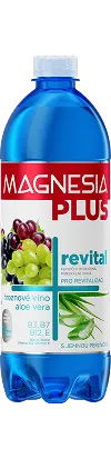 Blue plastic bottle of Magnesia Plus Revital mineral water with grape and aloe vera flavor.