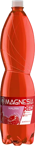 Červená plastová láhev Magnesia RED, perlivá minerální voda s příchutí malin.