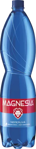 Blue plastic bottle of Magnesia sparkling water with a red label featuring a white lion logo.