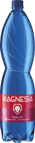 Blue plastic bottle of Magnesia Perliva mineral water with a red label and white text.