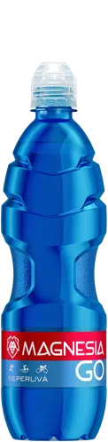 Blue plastic bottle of Magnesia Go still mineral water with red label.