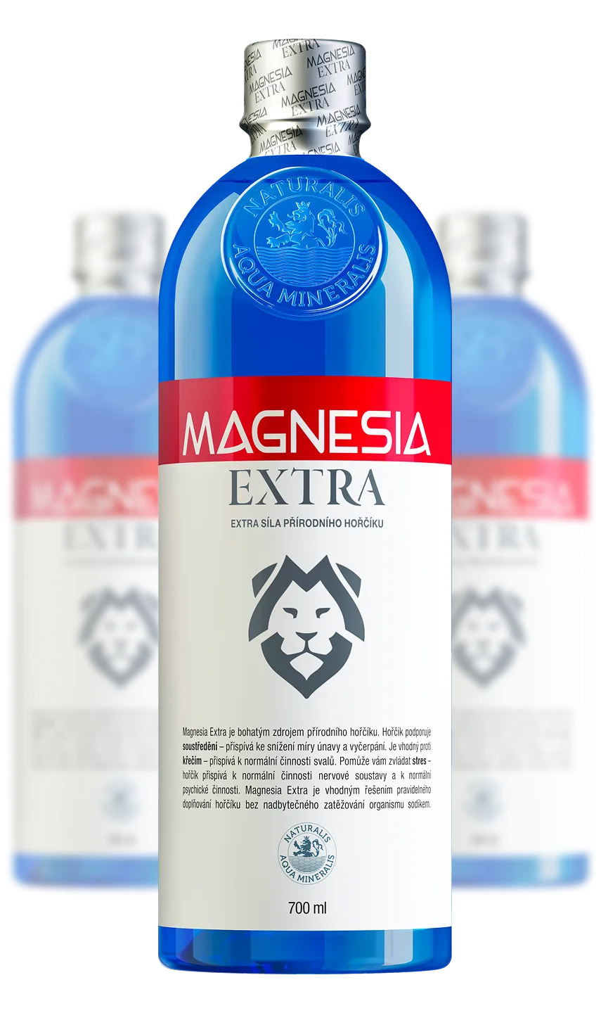 Blue 700ml Magnesia Extra bottle with silver cap and lion logo, labeled as a natural magnesium supplement.