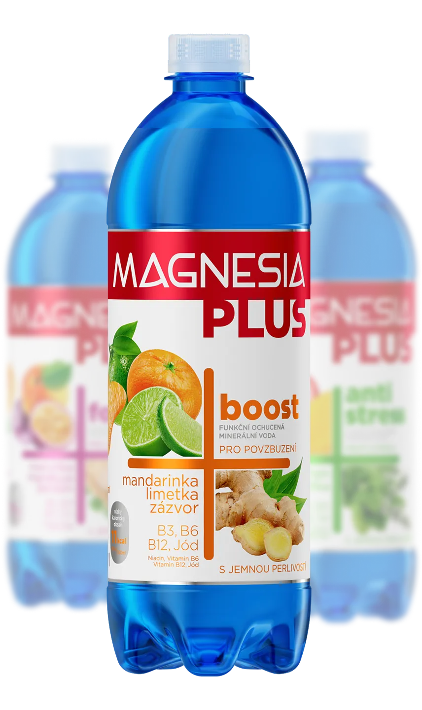 Three blue bottles of Magnesia Plus mineral water with the front label showing mandarin, lime, and ginger flavor and vitamins B3, B6, B12, and iodine content.