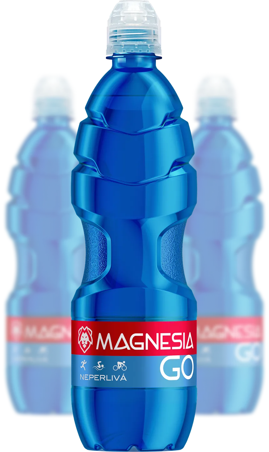 Blue Magnesia Go non-carbonated mineral water bottle with red and blue label, featuring icons of running, swimming, and cycling.