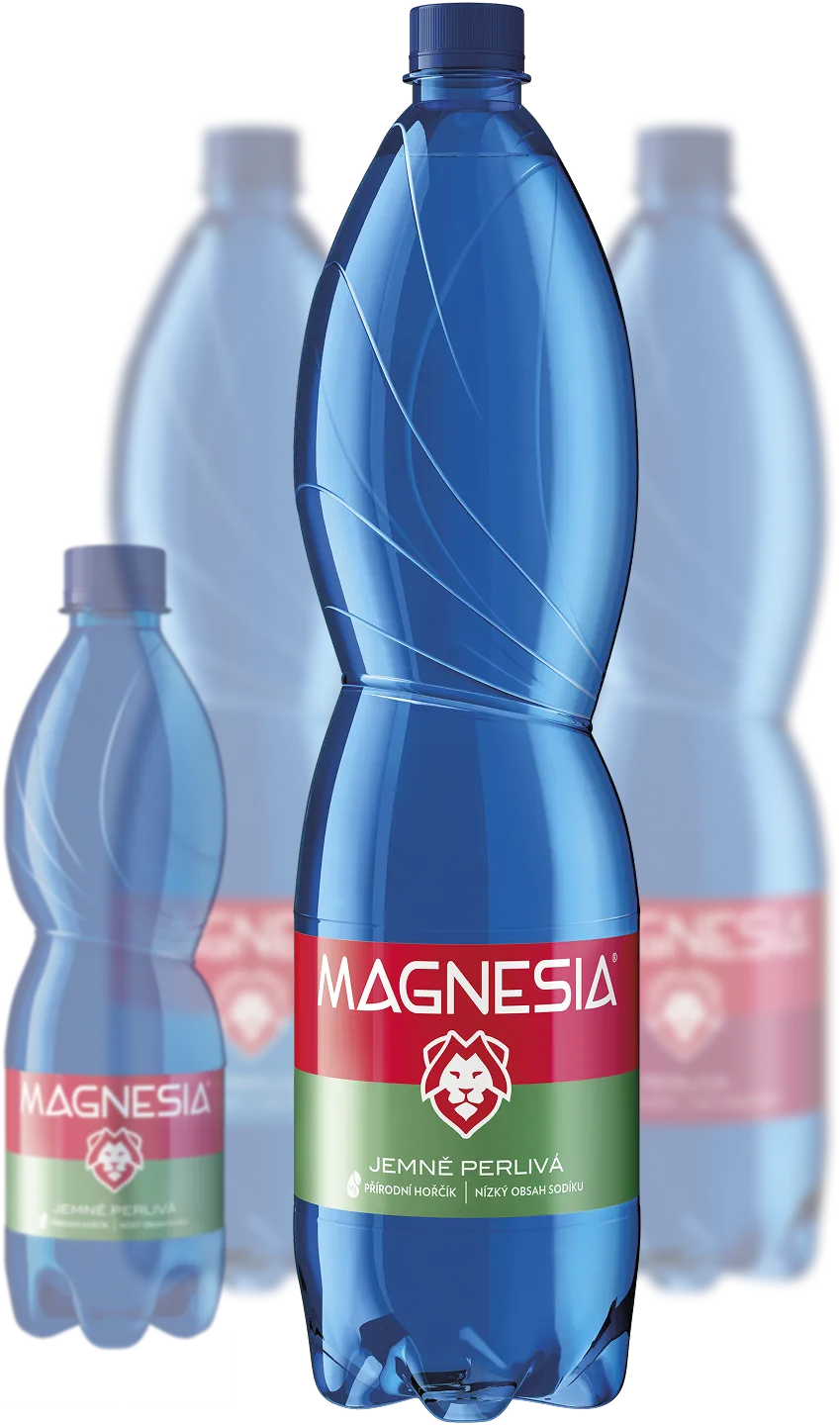 Four blue plastic bottles of Magnesia lightly sparkling mineral water with red and green labels featuring a lion logo.