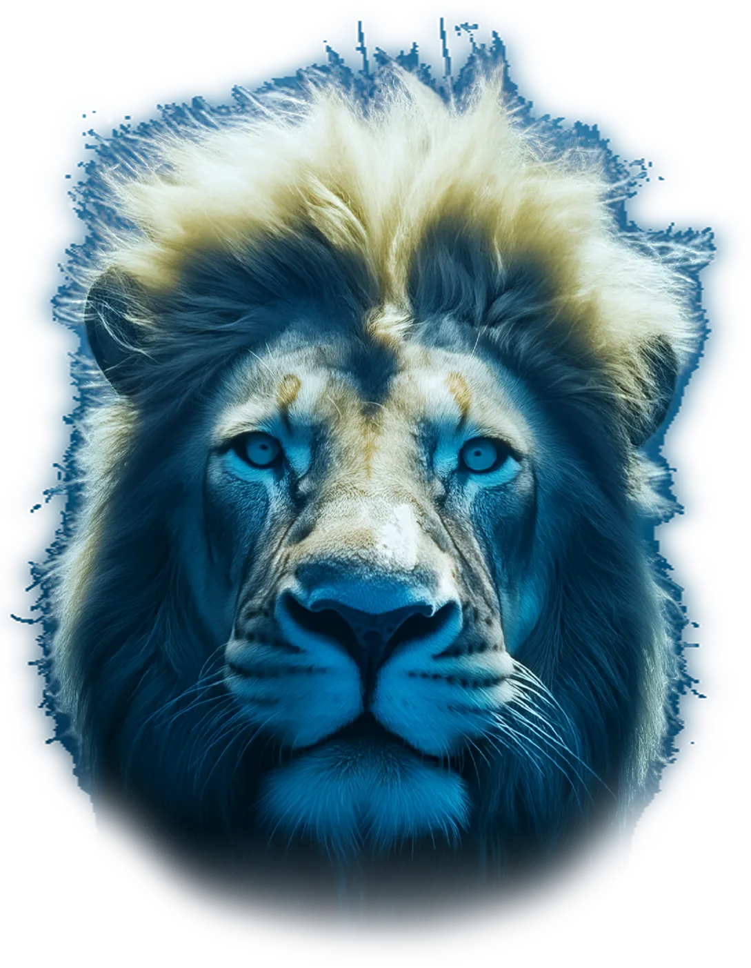 Detailní záběr lví tváře osvětlené modrým světlem na tmavě modrém pozadí.