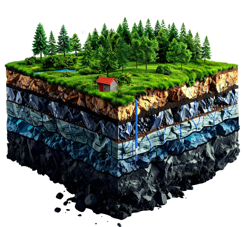 3D řez zemí zobrazující les se stromy a malým domkem na povrchu, vrstvy půdy a horniny pod povrchem a vodní žíly protékající zemí.