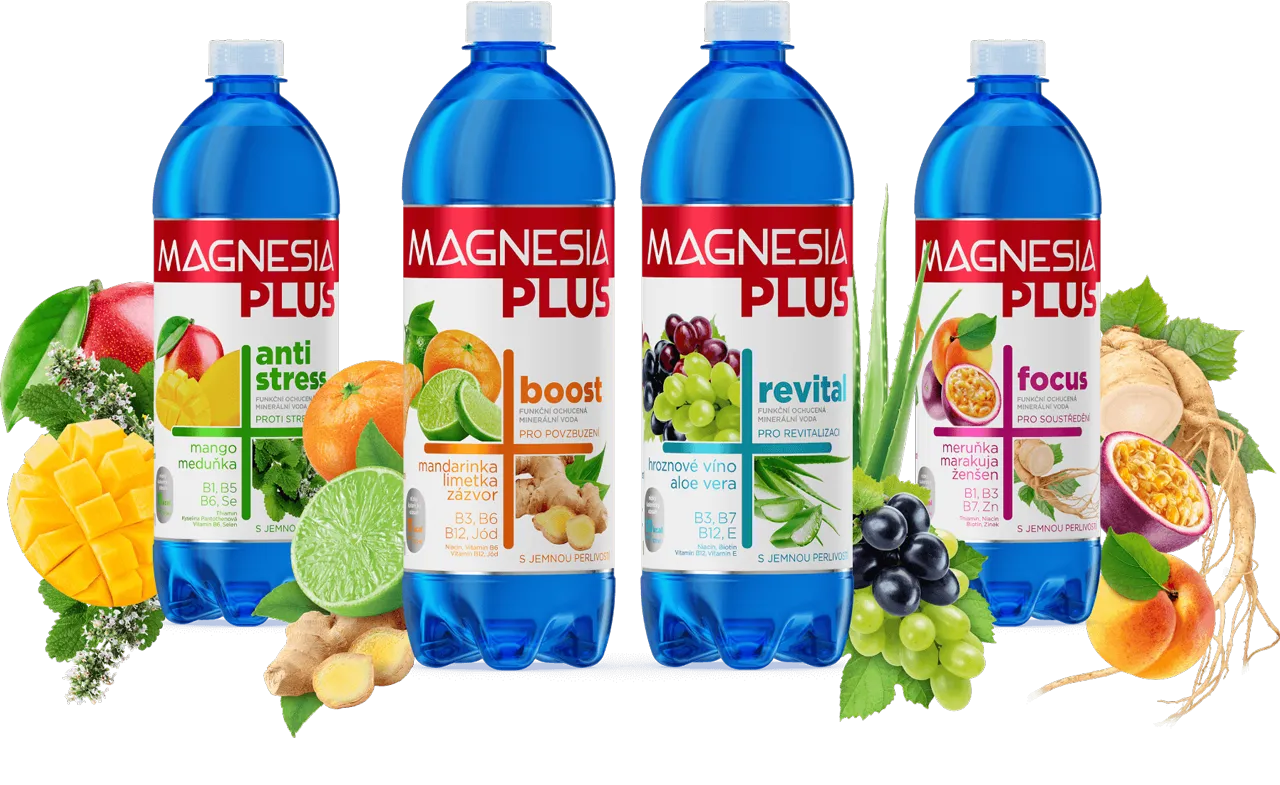 Čtyři modré láhve minerální vody Magnesia Plus s příchutí, označené jako anti stress, boost, revital a focus, s odpovídajícími příchutěmi ovoce a bylin: mango a máta, mandarinka, limetka a zázvor, hrozny a aloe vera, meruňka, maracuja a ženšen.