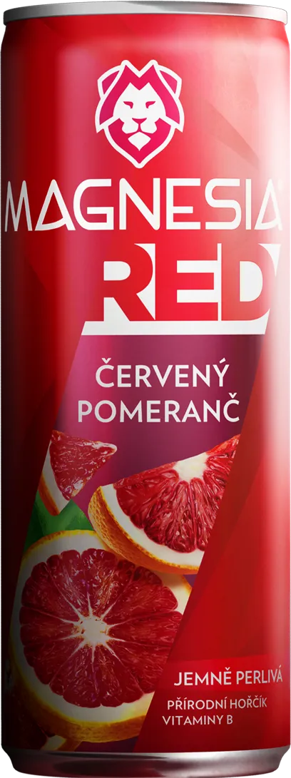 Červená láhev perlivé vody Magnesia s příchutí grapefruitu, před kterou jsou položeny dvě poloviny grapefruitu.