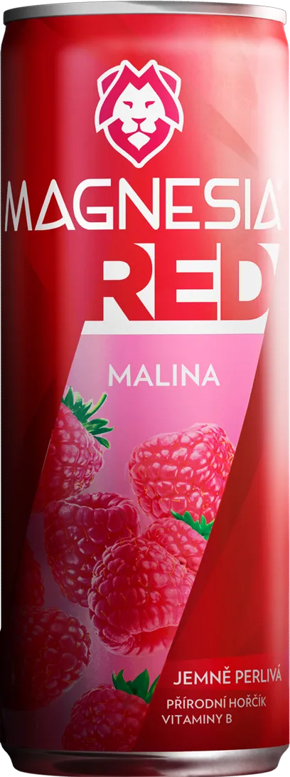 Červená láhev perlivé vody Magnesia s příchutí grapefruitu, před kterou jsou položeny dvě poloviny grapefruitu.