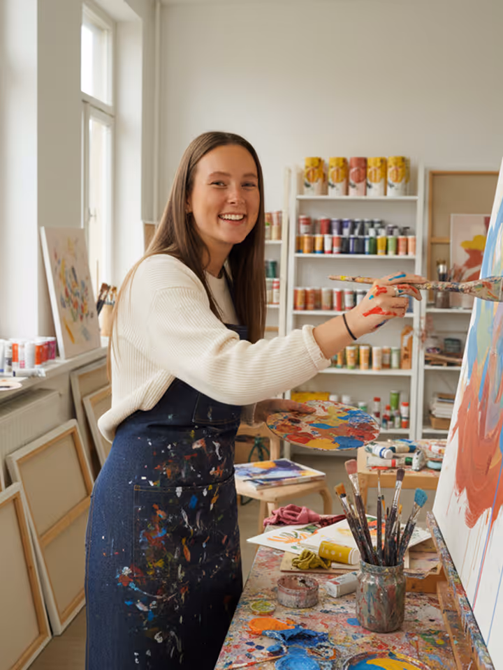 Junge Frau im Atelier malt lächelnd auf einer Leinwand, hält eine Farbpalette und trägt eine Farbflecken-bespritzte Schürze.